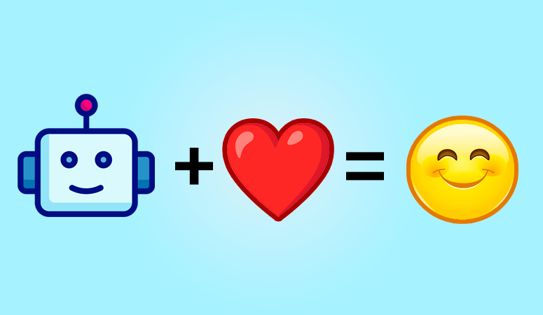 Embrace Automation graphic showing a robot graphic plus a heart graphic equals happy face graphic